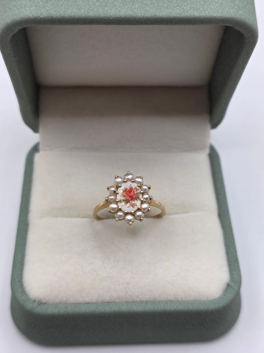 9ct gold limoge and pearl ring