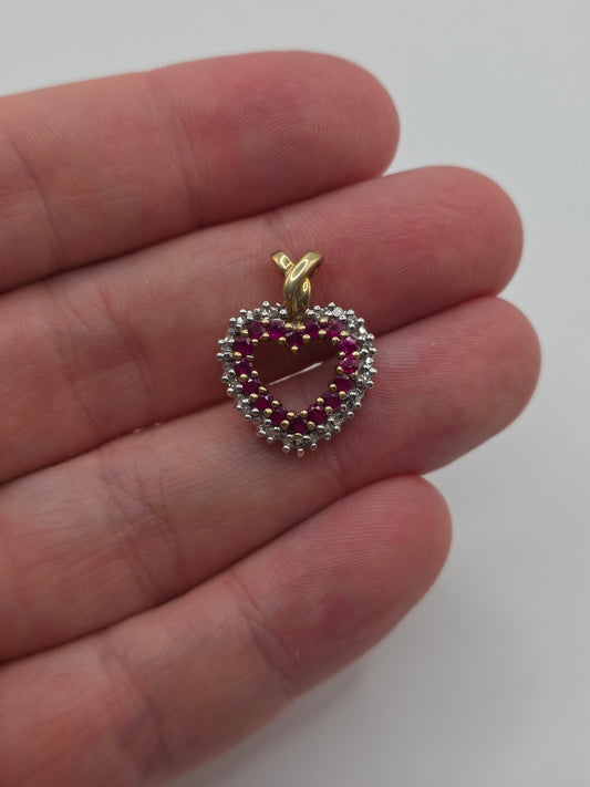 Heavy 9ct gold ruby and diamond heart pendant