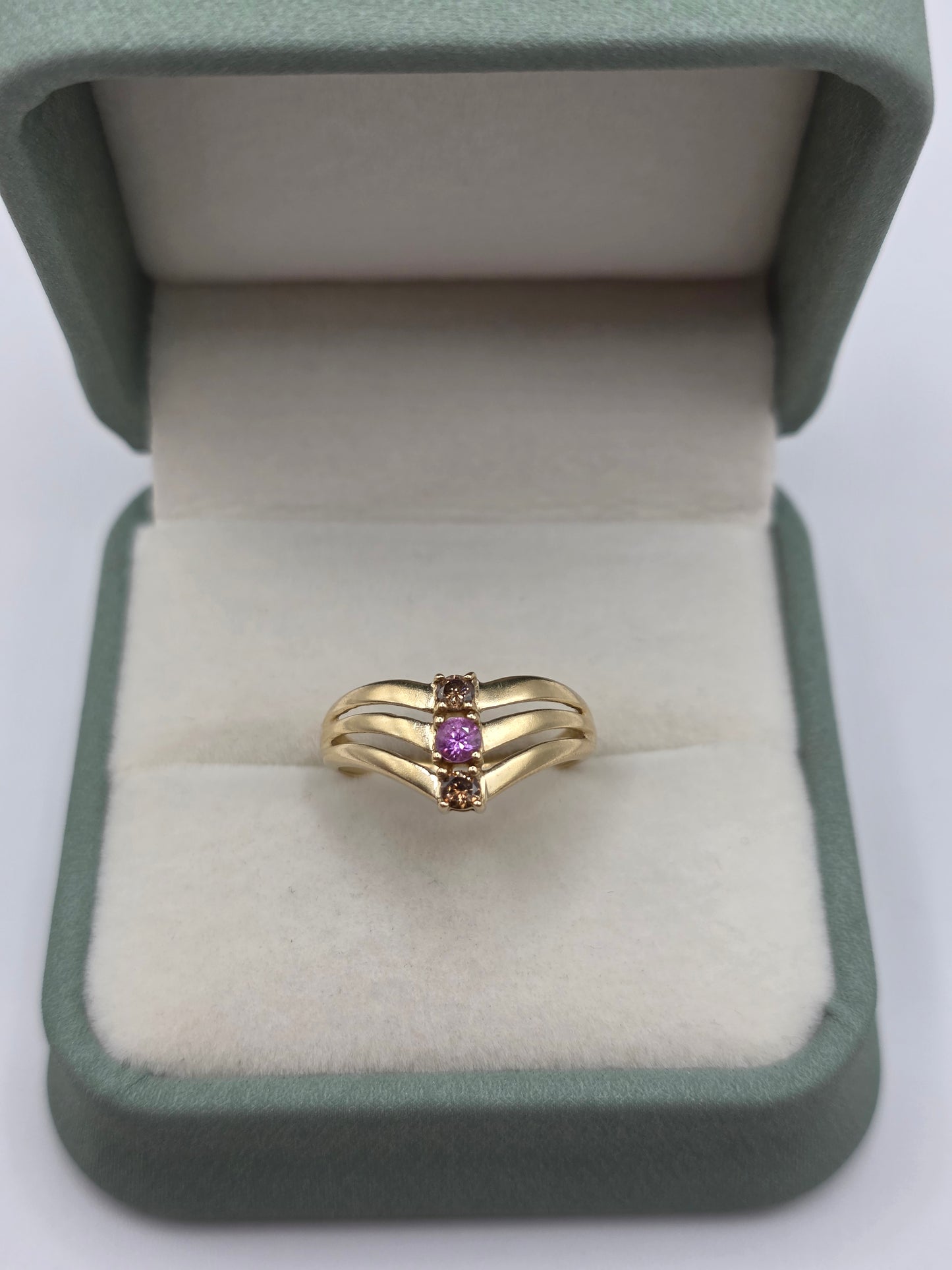 9ct gold pink topaz and cognac diamond wishbone ring