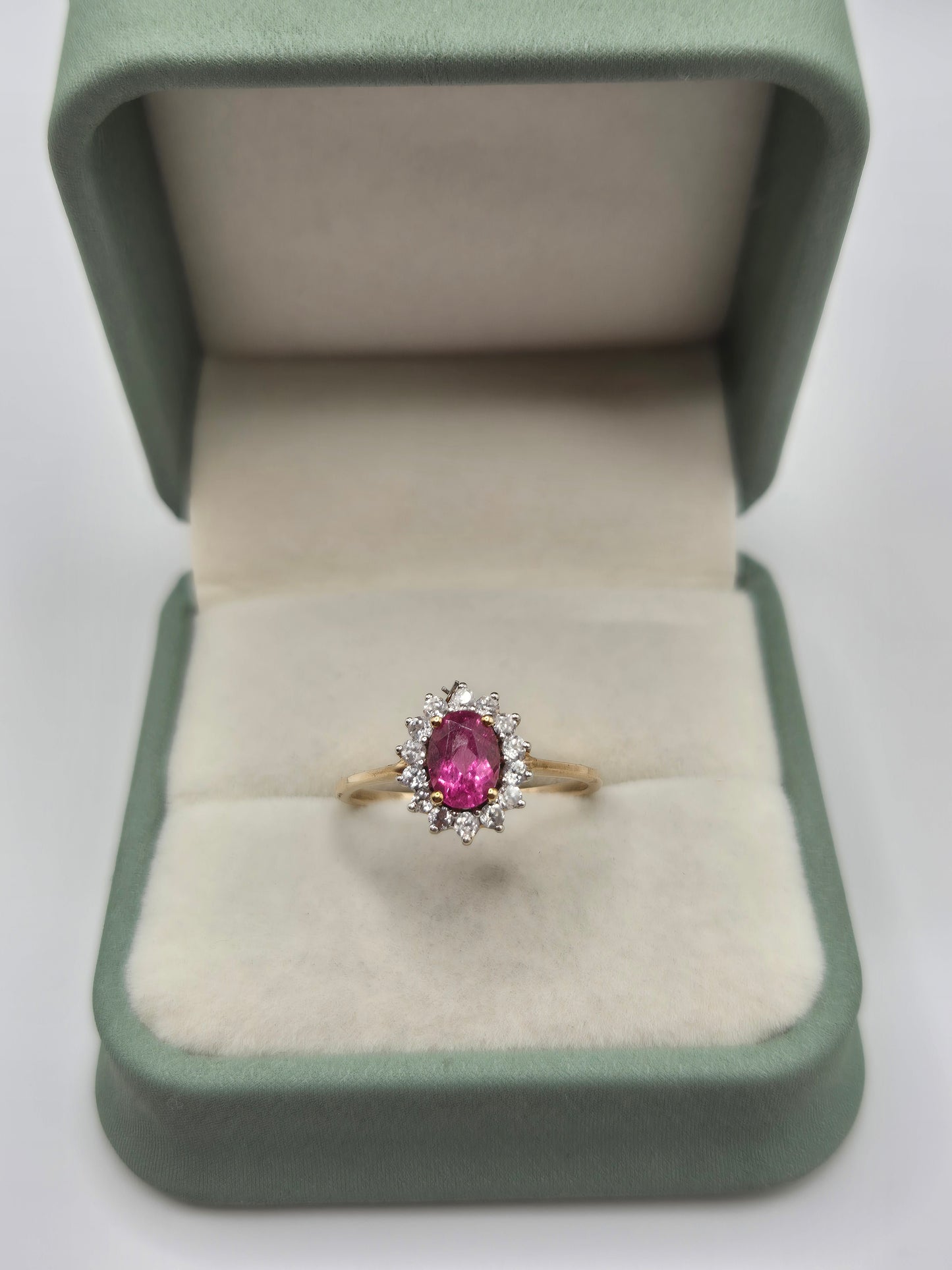 9ct gold rubellite and white zircon ring