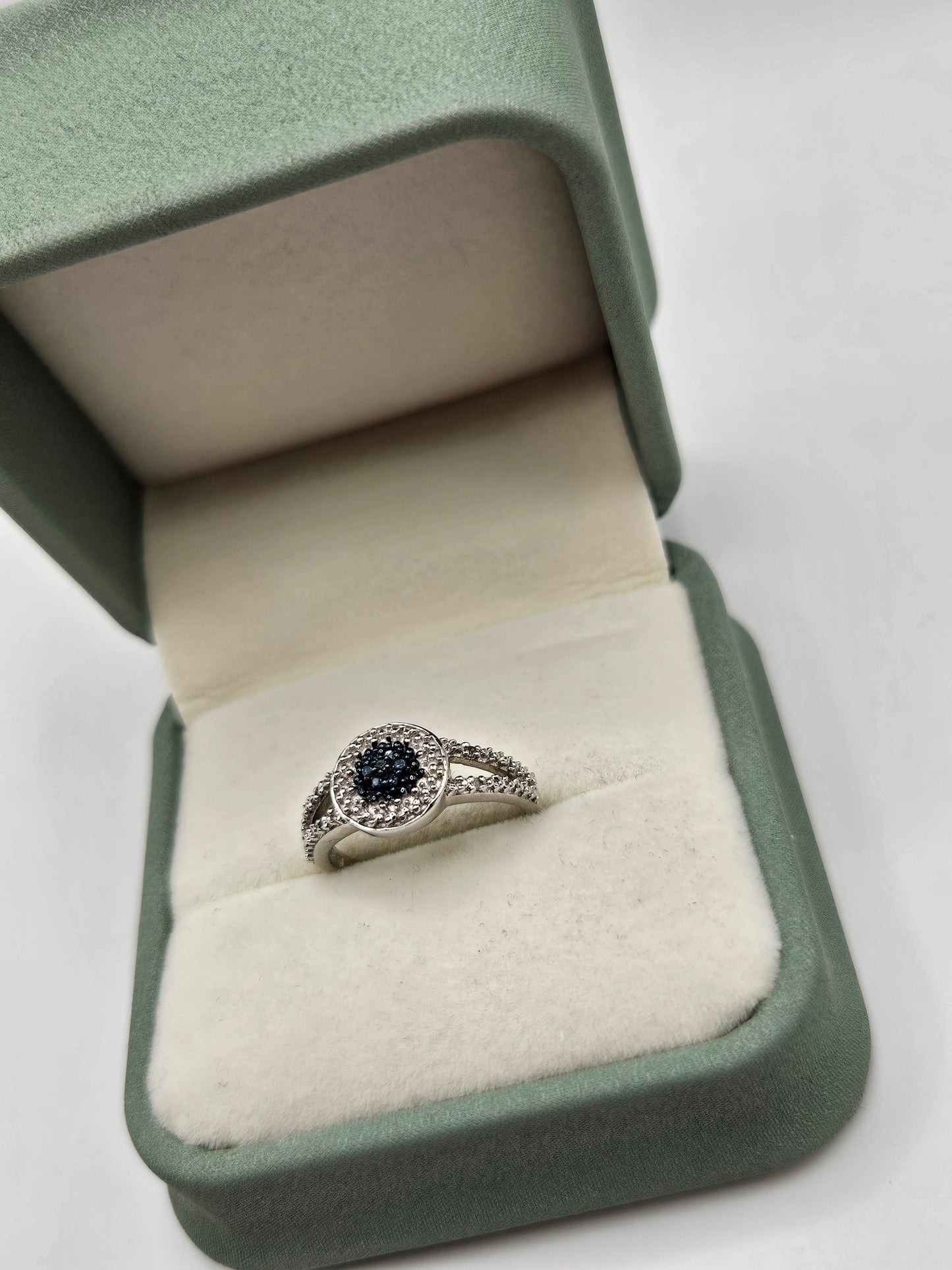 Silver blue and white diamond ring