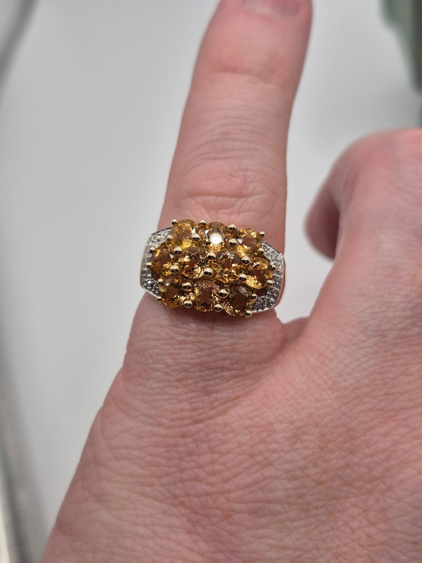 Heavy 9ct gold citrine and diamond ring