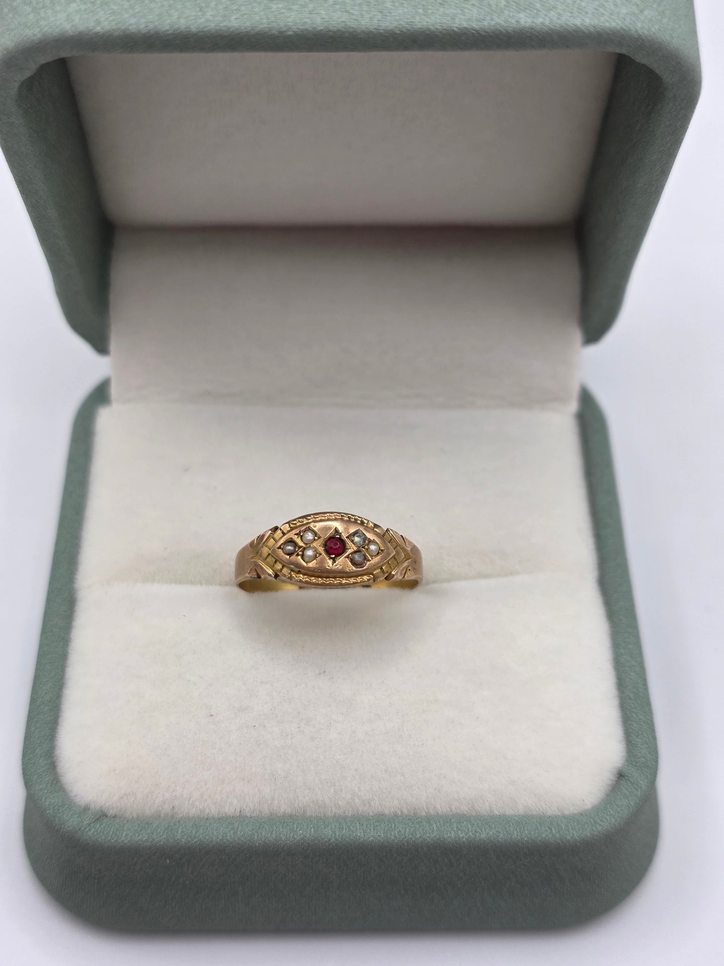 Antique 9ct gold garnet and seed pearl gypsy ring