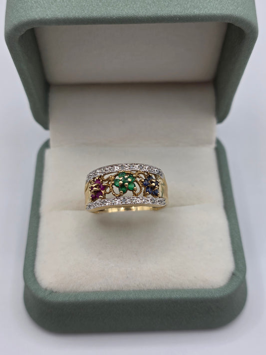 9ct gold emerald,sapphire,ruby and diamond ring
