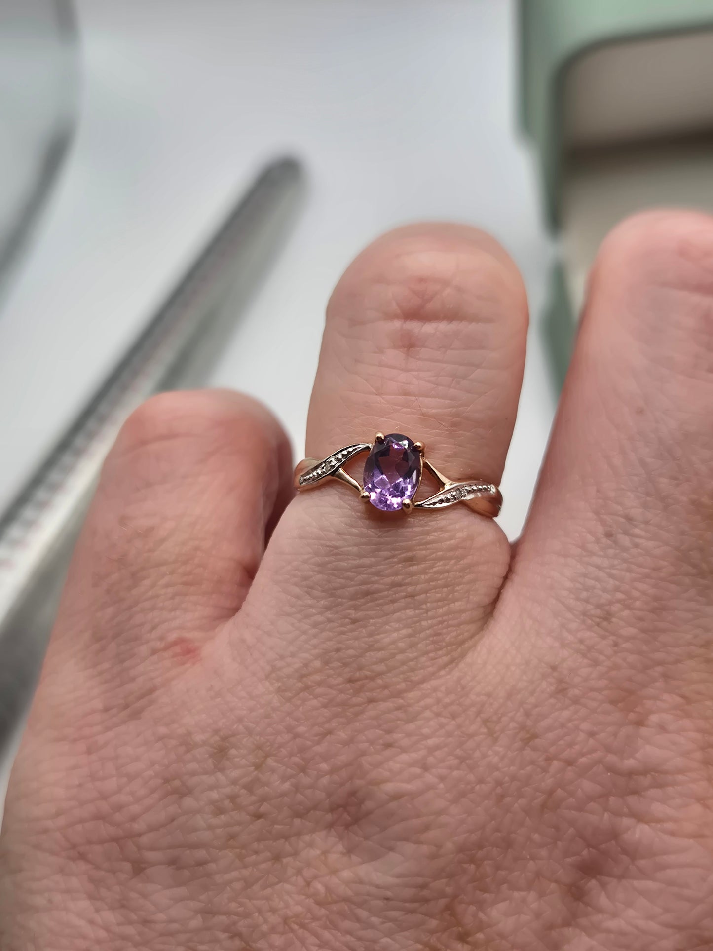 9ct rose gold amethyst and diamond ring