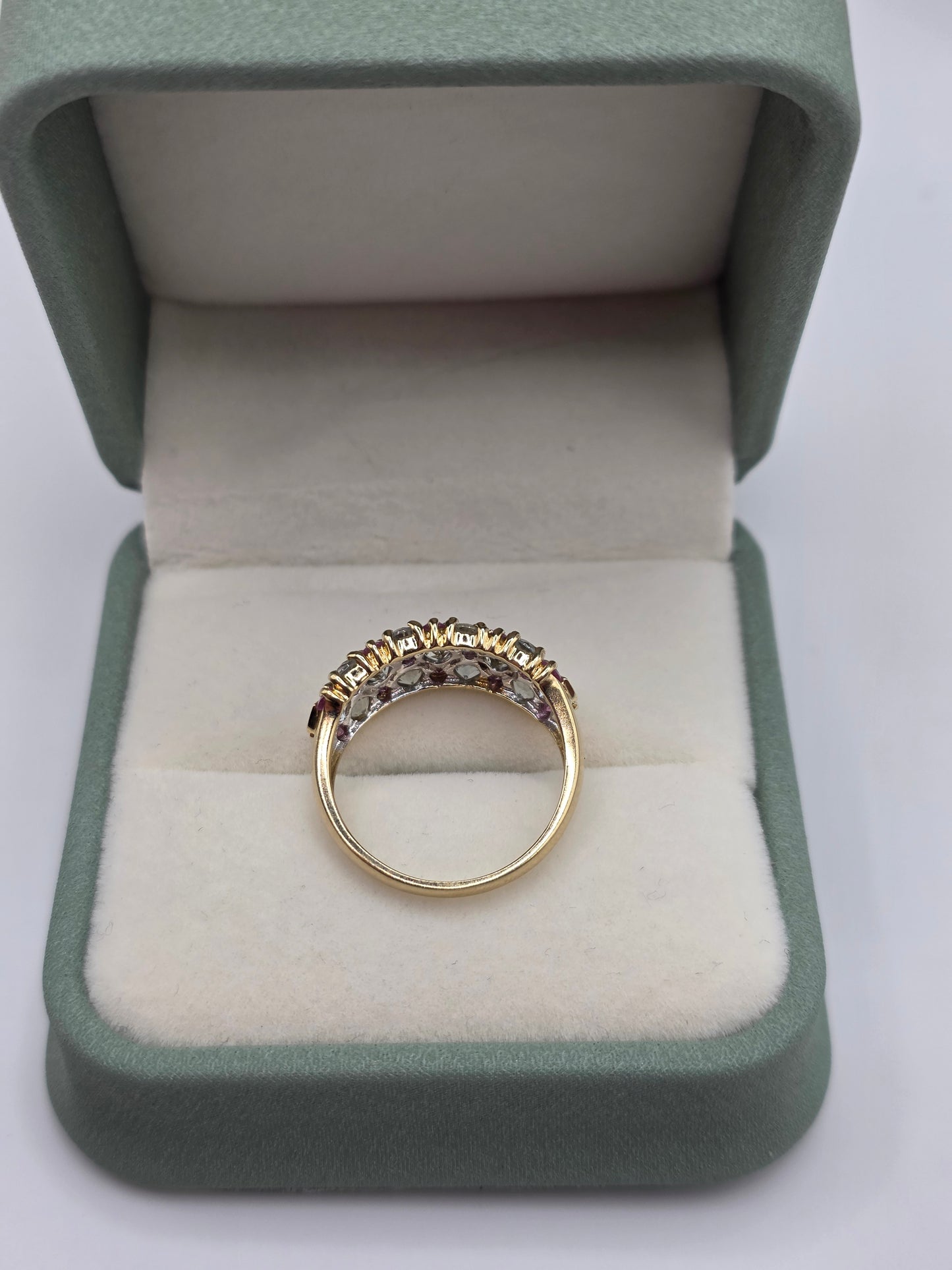 9ct gold aquamarine and pink topaz ring