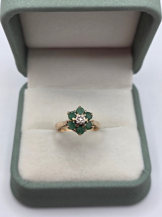 Heavy 9ct gold emerald and diamond ring