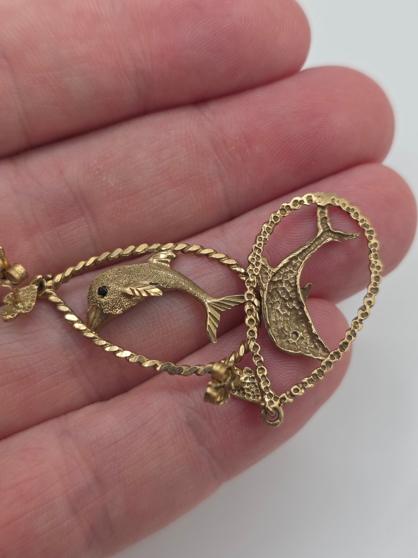 Heavy 9ct gold sapphire dolphin earrings