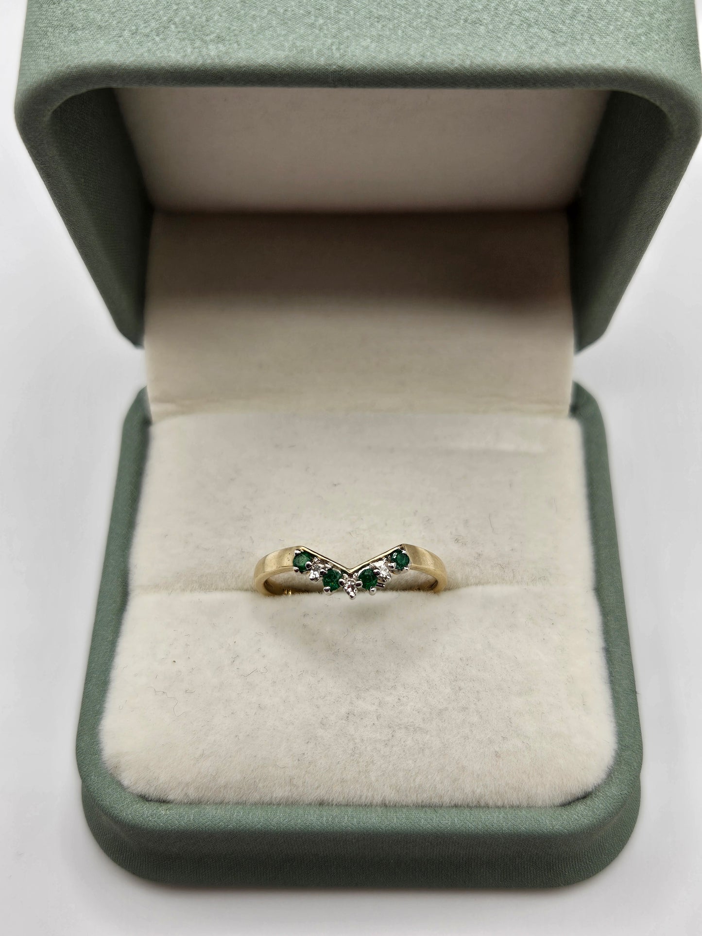 9ct gold emerald and diamond wishbone ring