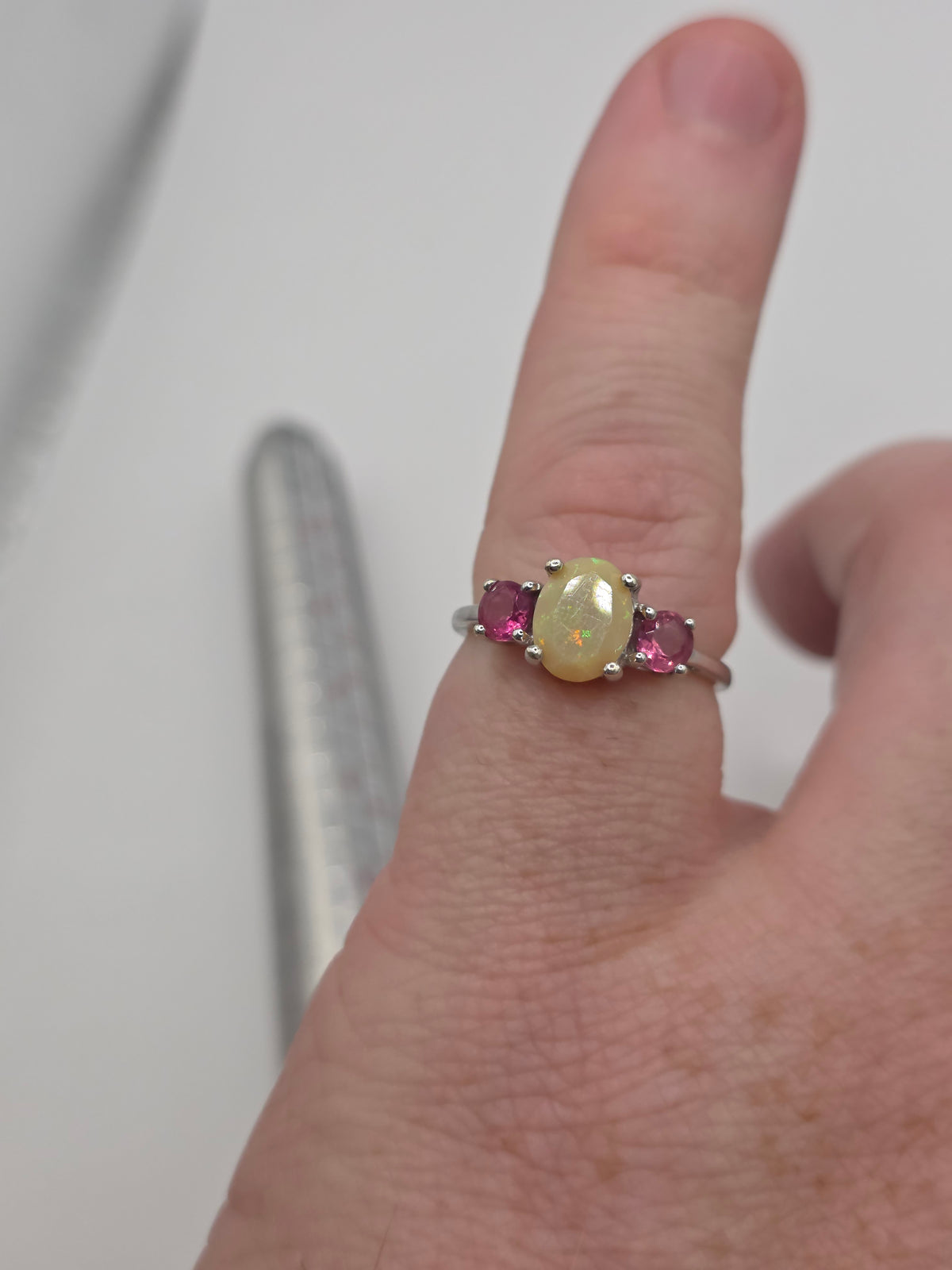 9ct white gold opal and pink topaz ring