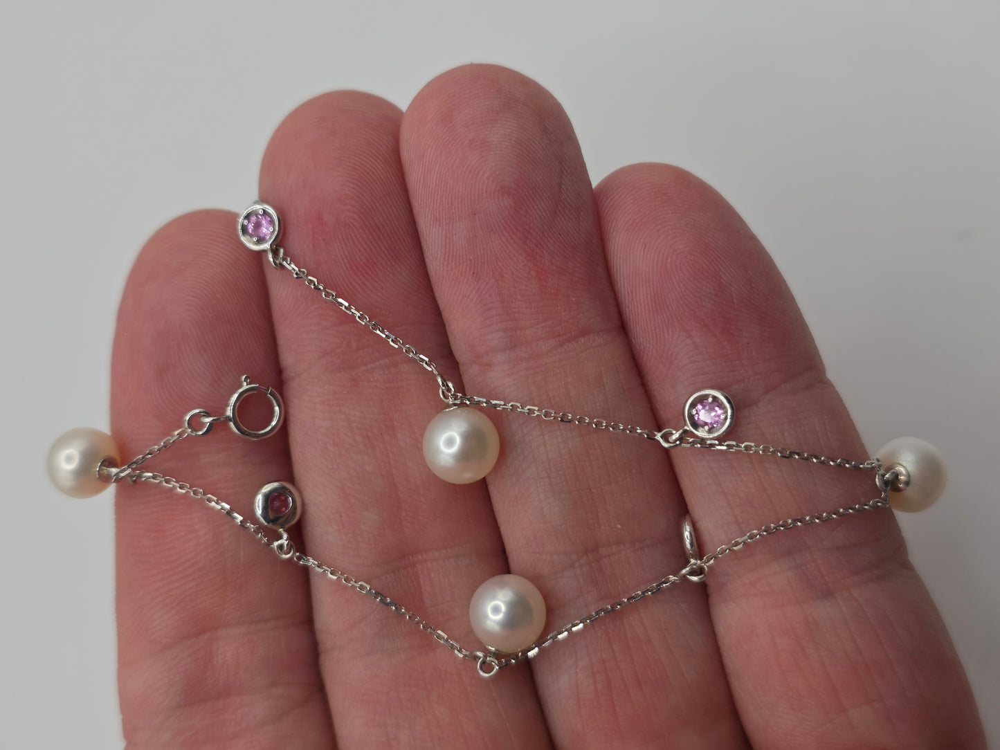 9ct white gold pink sapphire and pearl bracelet