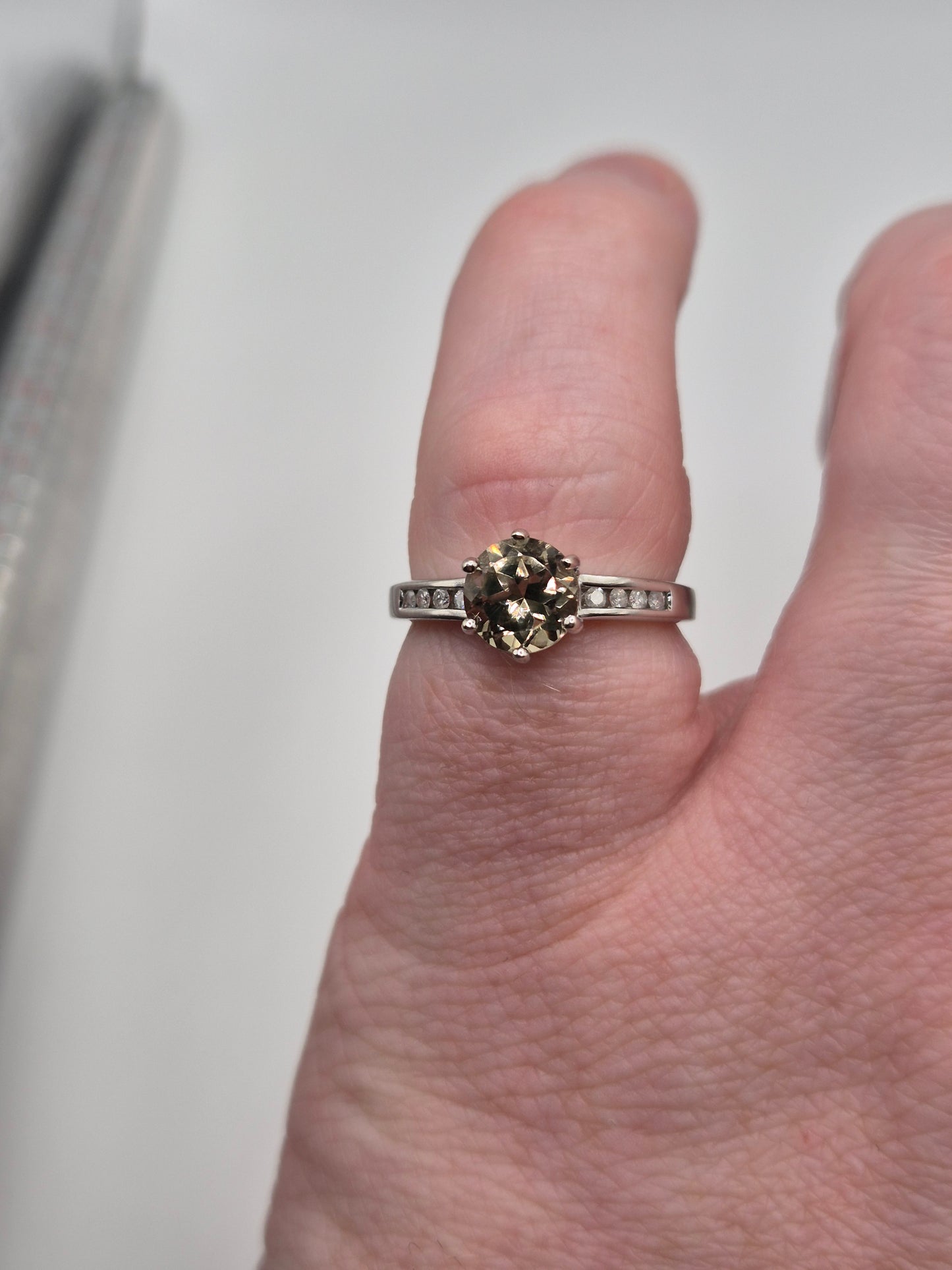9ct white gold csarite and diamond ring
