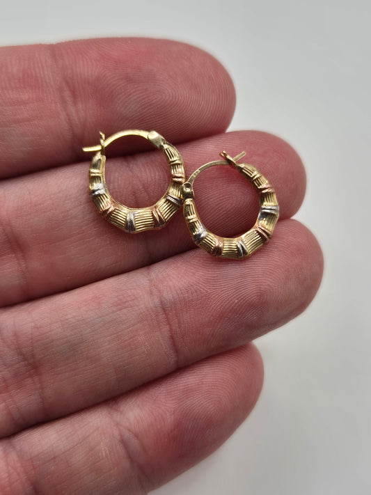 9ct tri gold bamboo creole earrings
