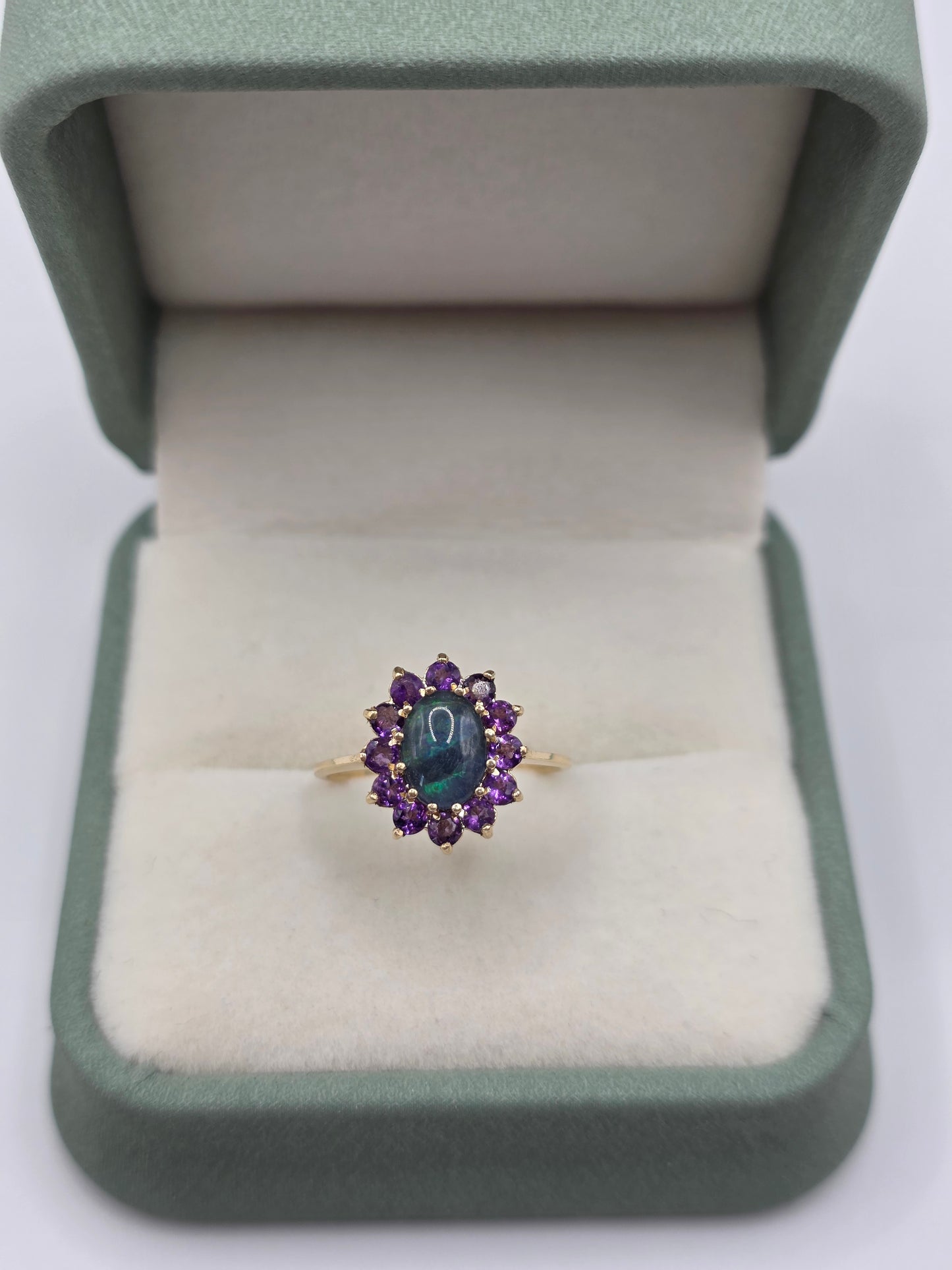 9ct gold opal triplet and amethyst ring