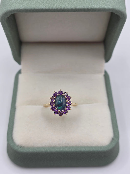 9ct gold opal triplet and amethyst ring