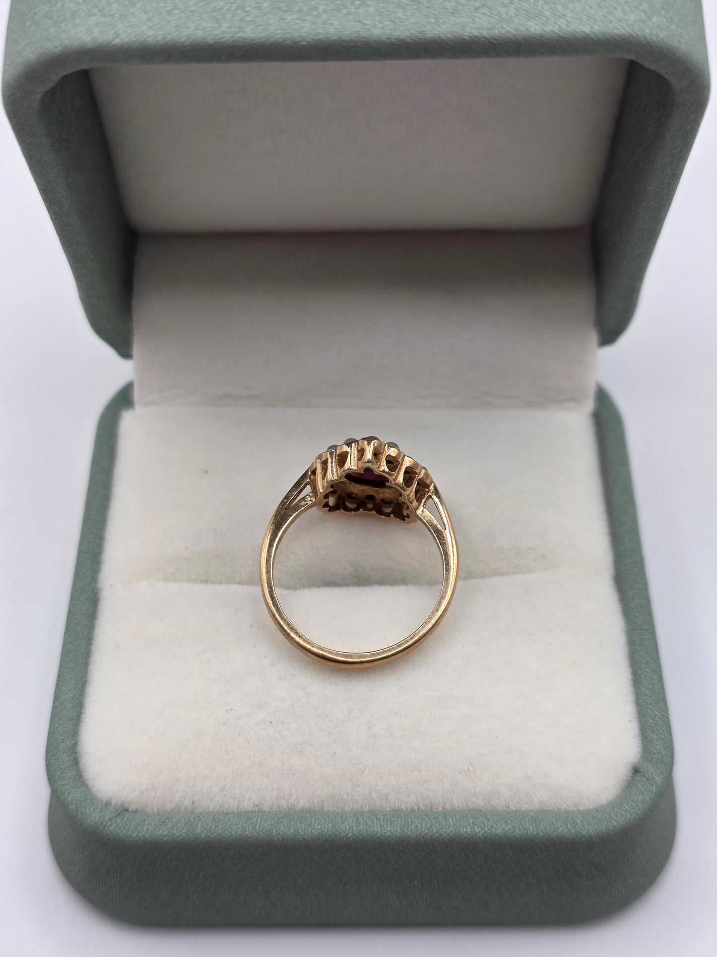 Vintage 9ct gold garnet and pearl heart ring