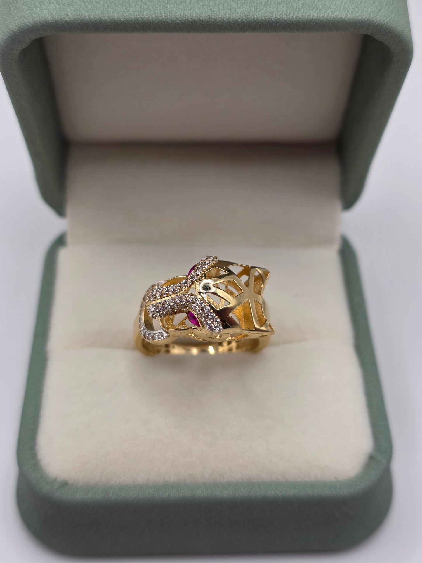 14ct gold ruby and cz panther ring