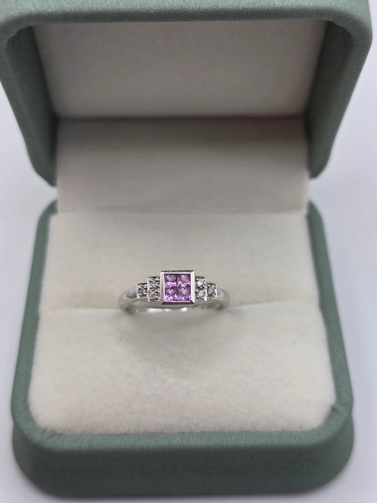 9ct white gold pink topaz and diamond ring