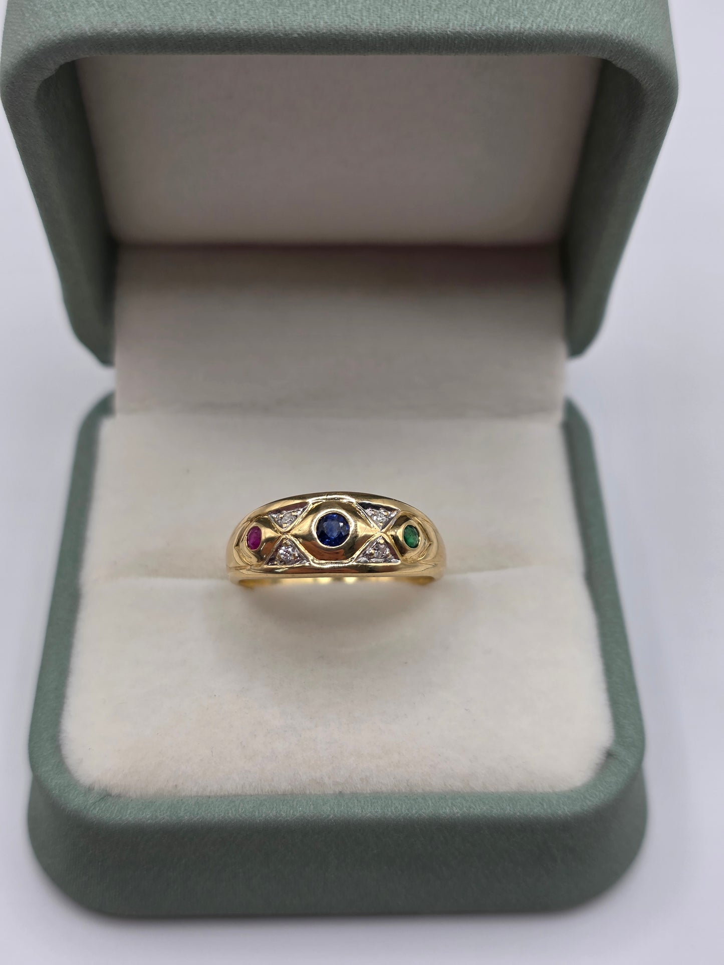 18ct gold sapphire, ruby, emerald and diamond ring