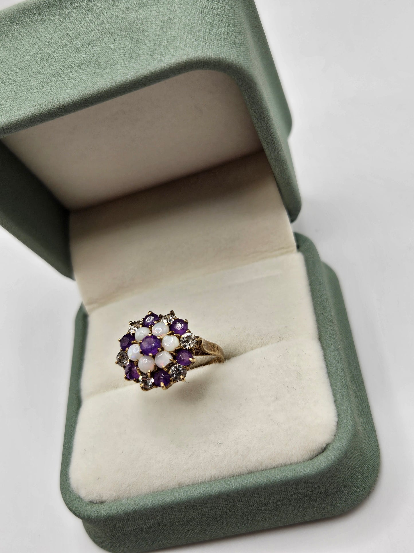 9ct gold amethyst, opal and zircon ring