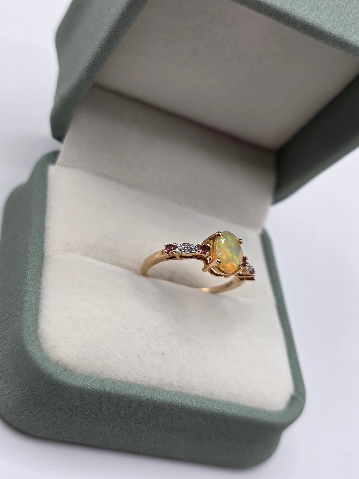 9ct gold opal, ruby and diamond ring