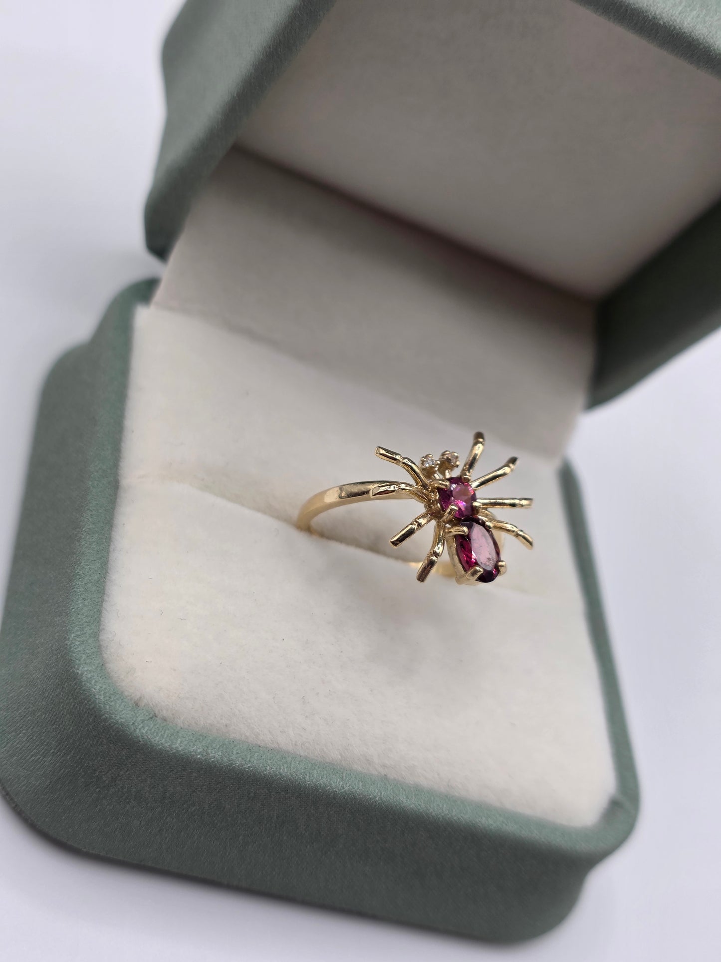 9ct gold tourmaline, pink topaz and diamond spider ring