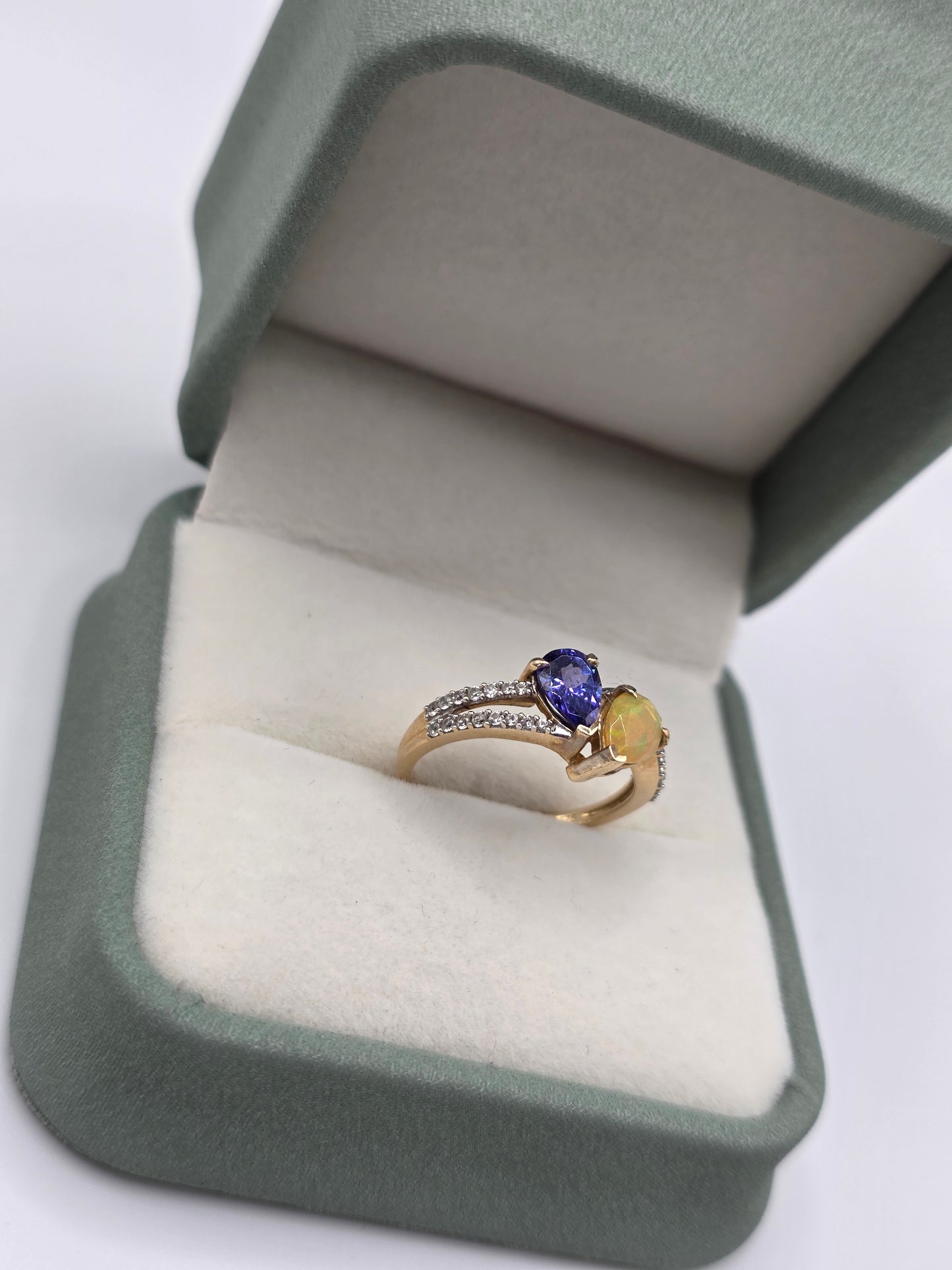 9ct gold opal, iolite and white zircon ring