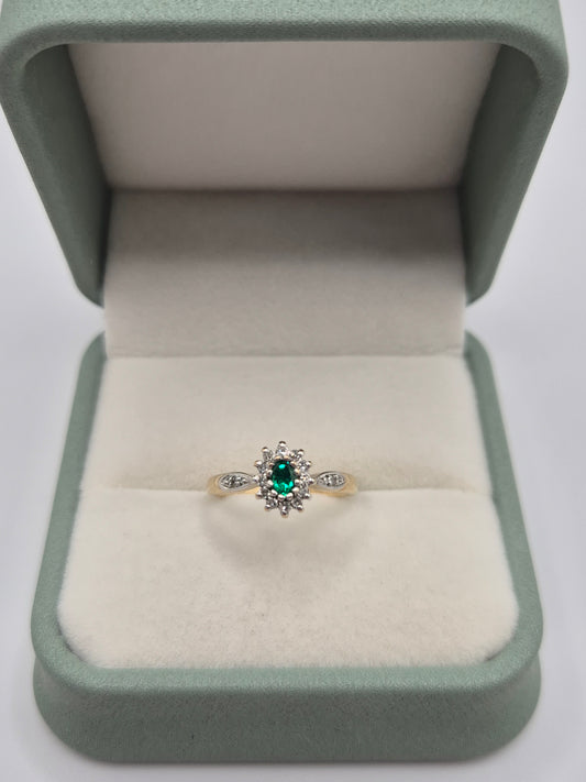 9ct gold simulated emerald and diamond ring