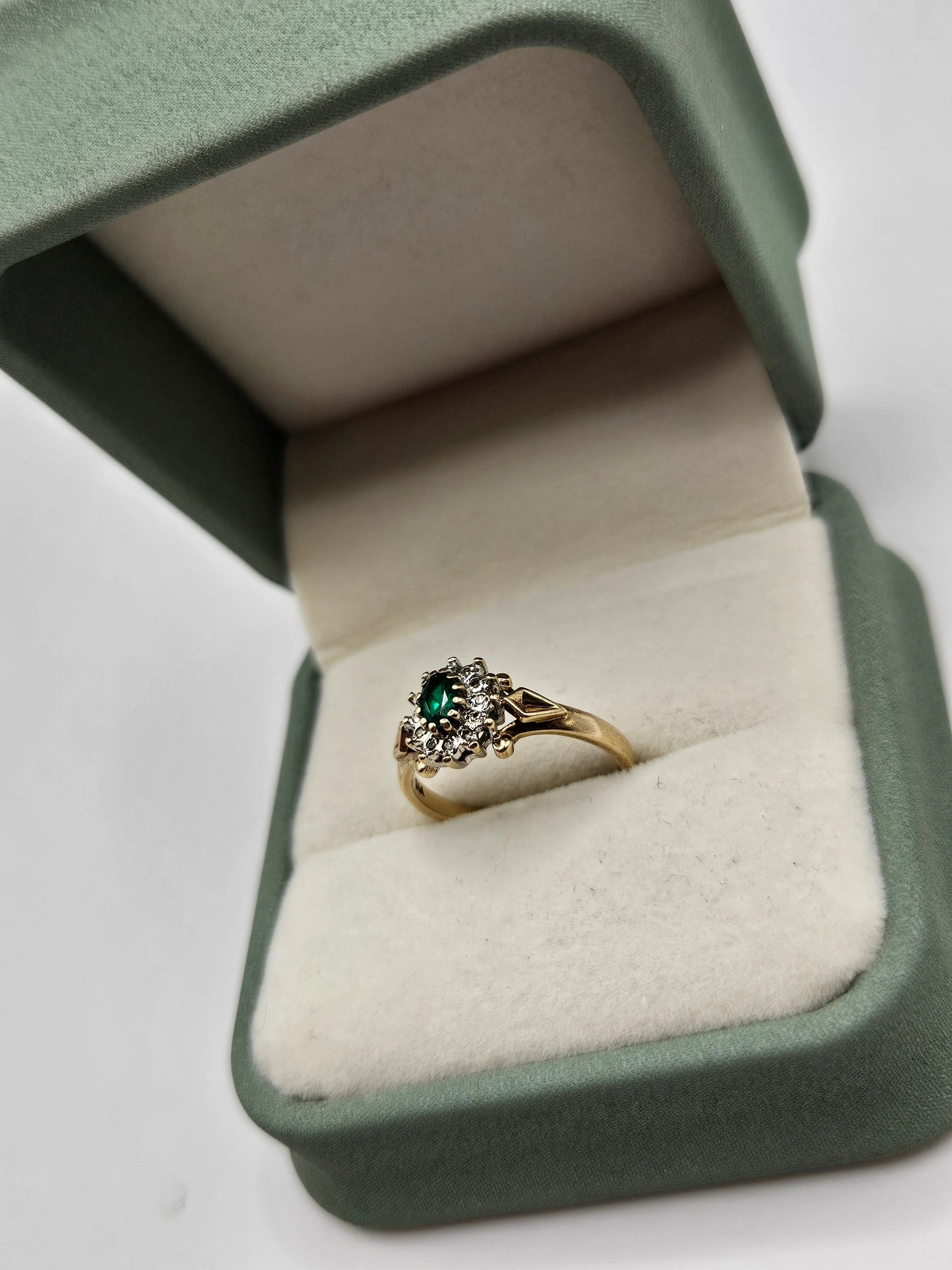 9ct gold synthetic emerald and diamond ring