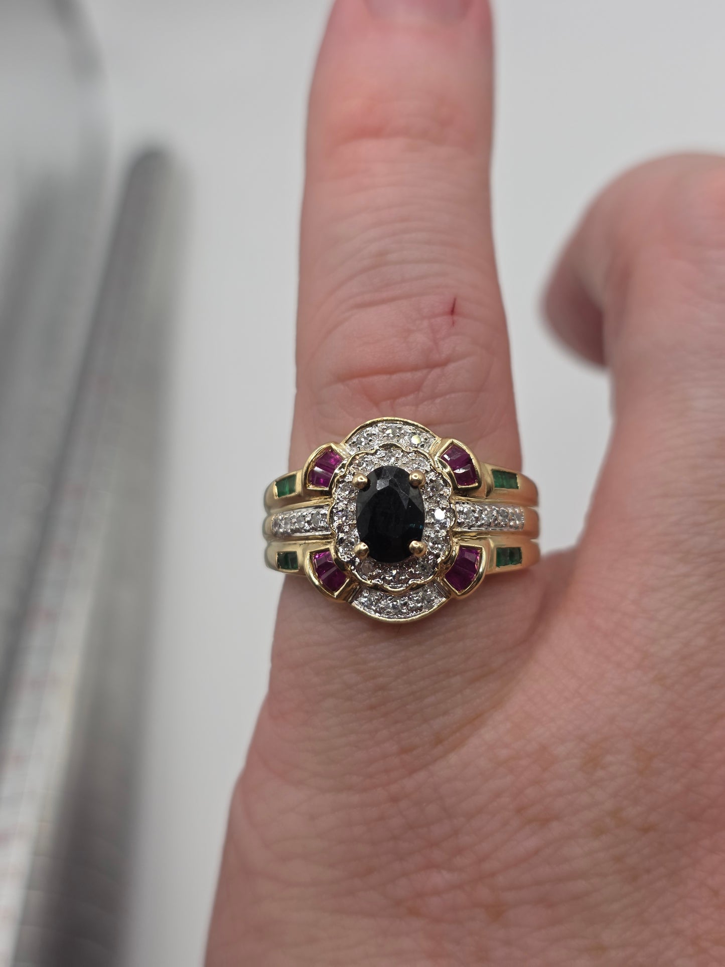9ct gold sapphire, emerald, ruby and diamond ring