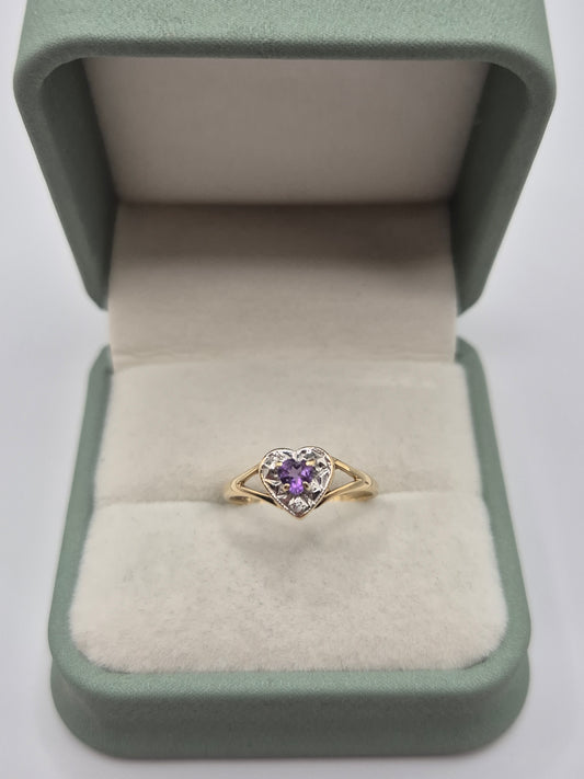 9ct gold amethyst and diamond heart ring