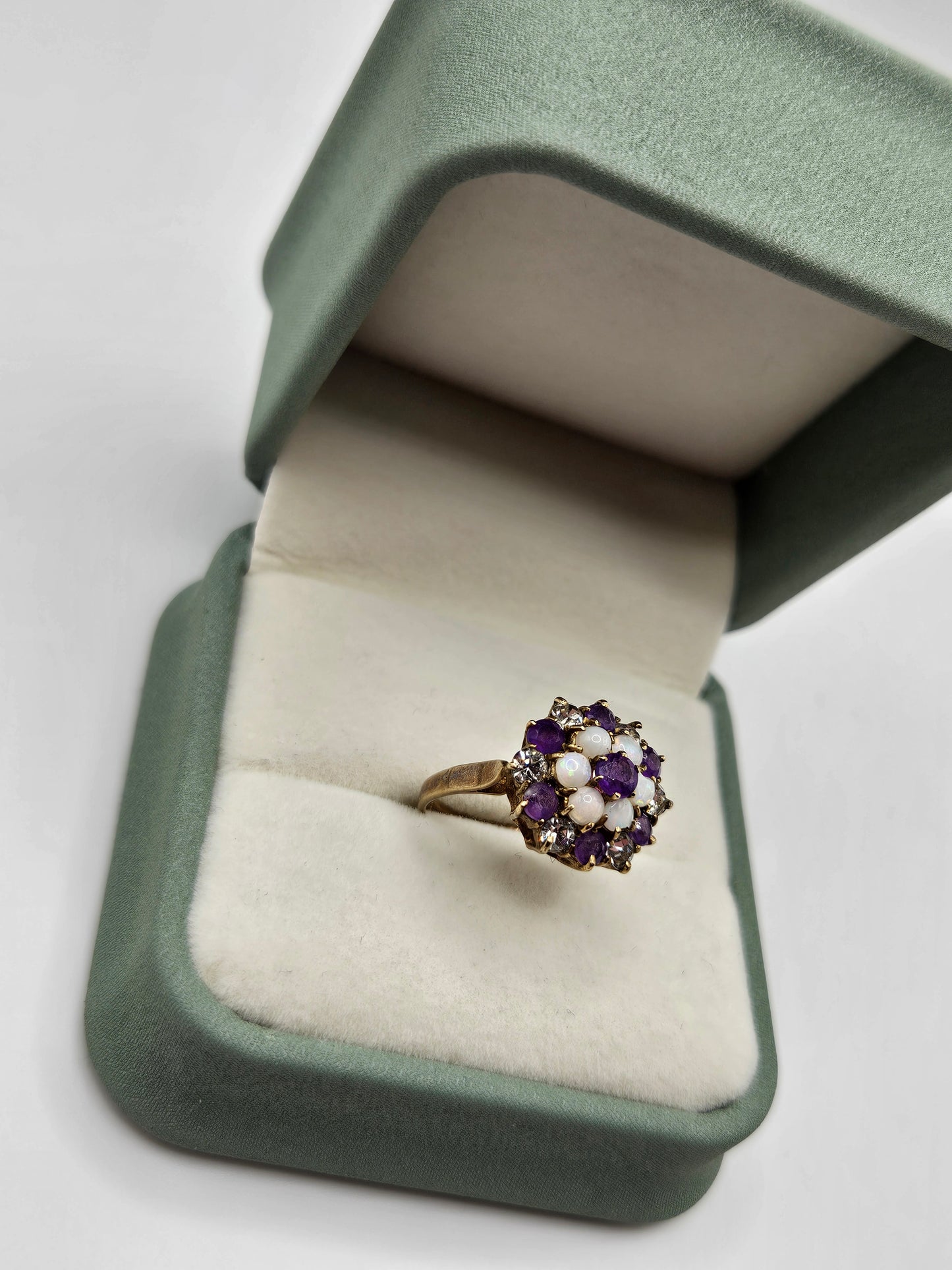 9ct gold amethyst, opal and zircon ring