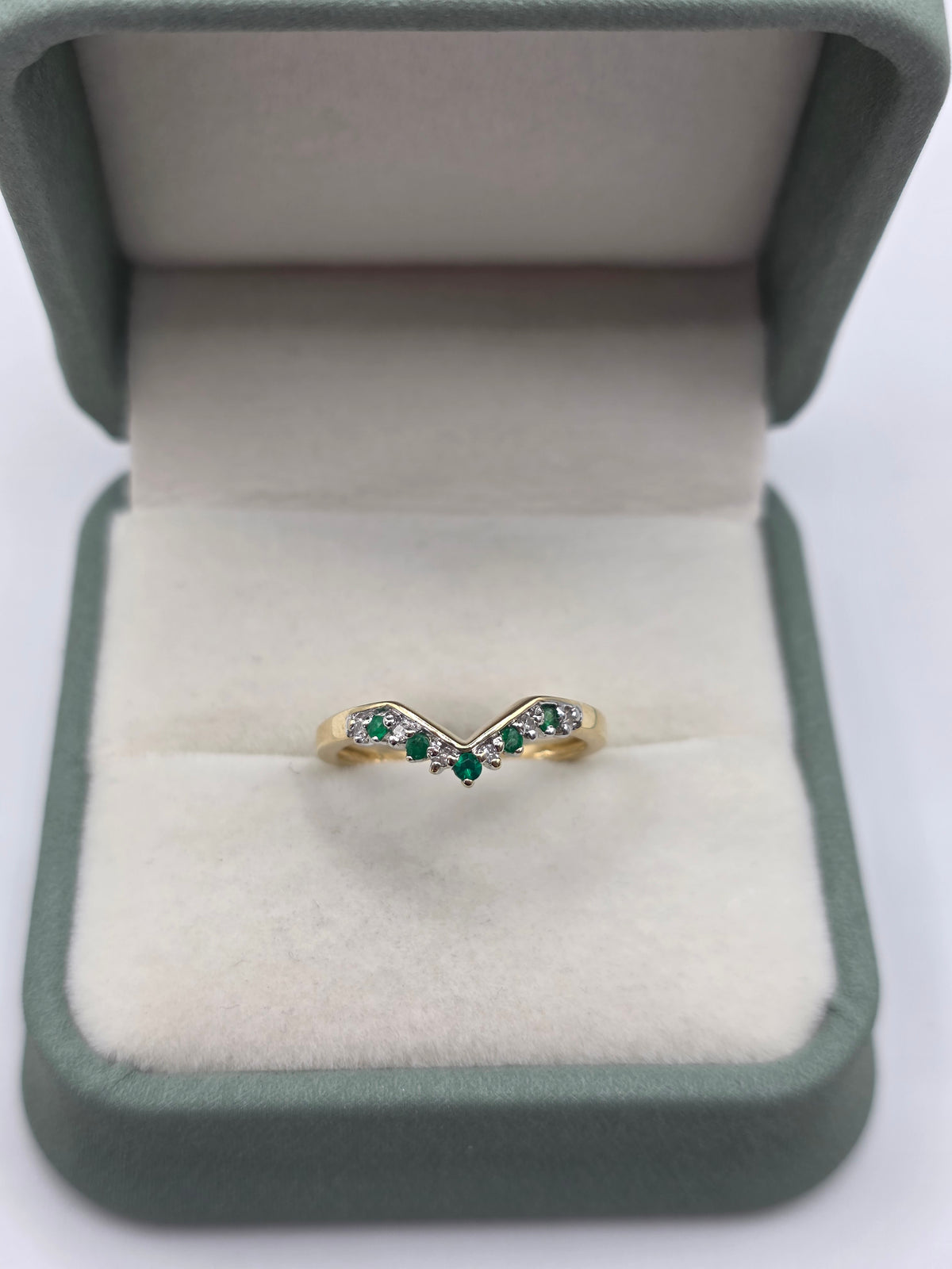 9ct gold emerald and diamond wishbone ring