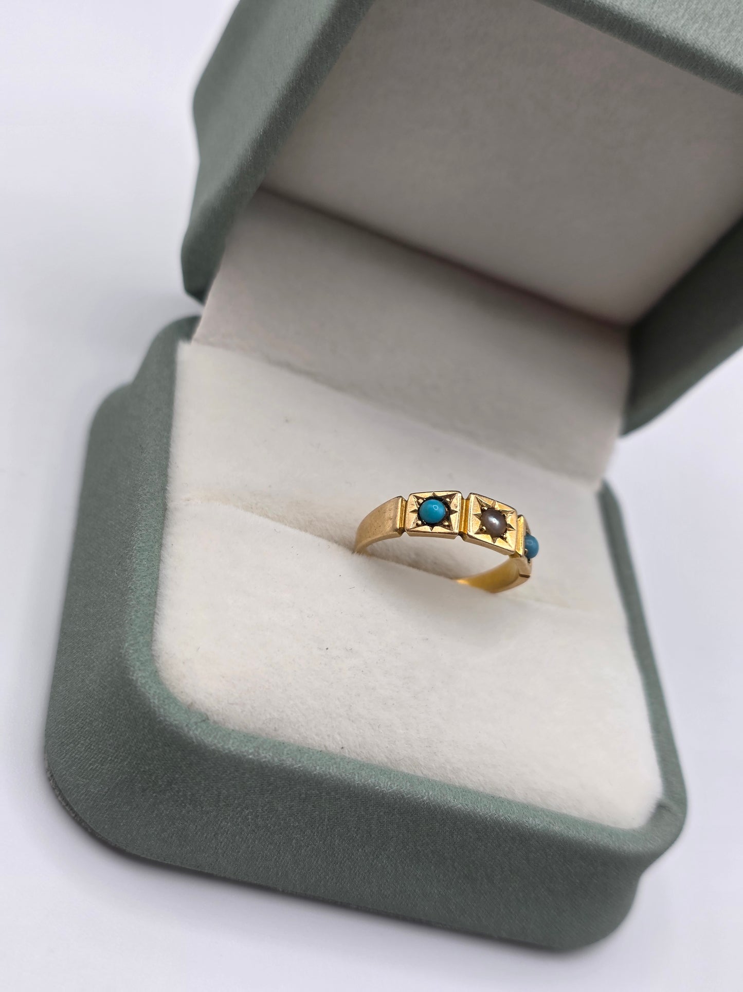 Antique 18ct gold turquoise and pearl gypsy ring