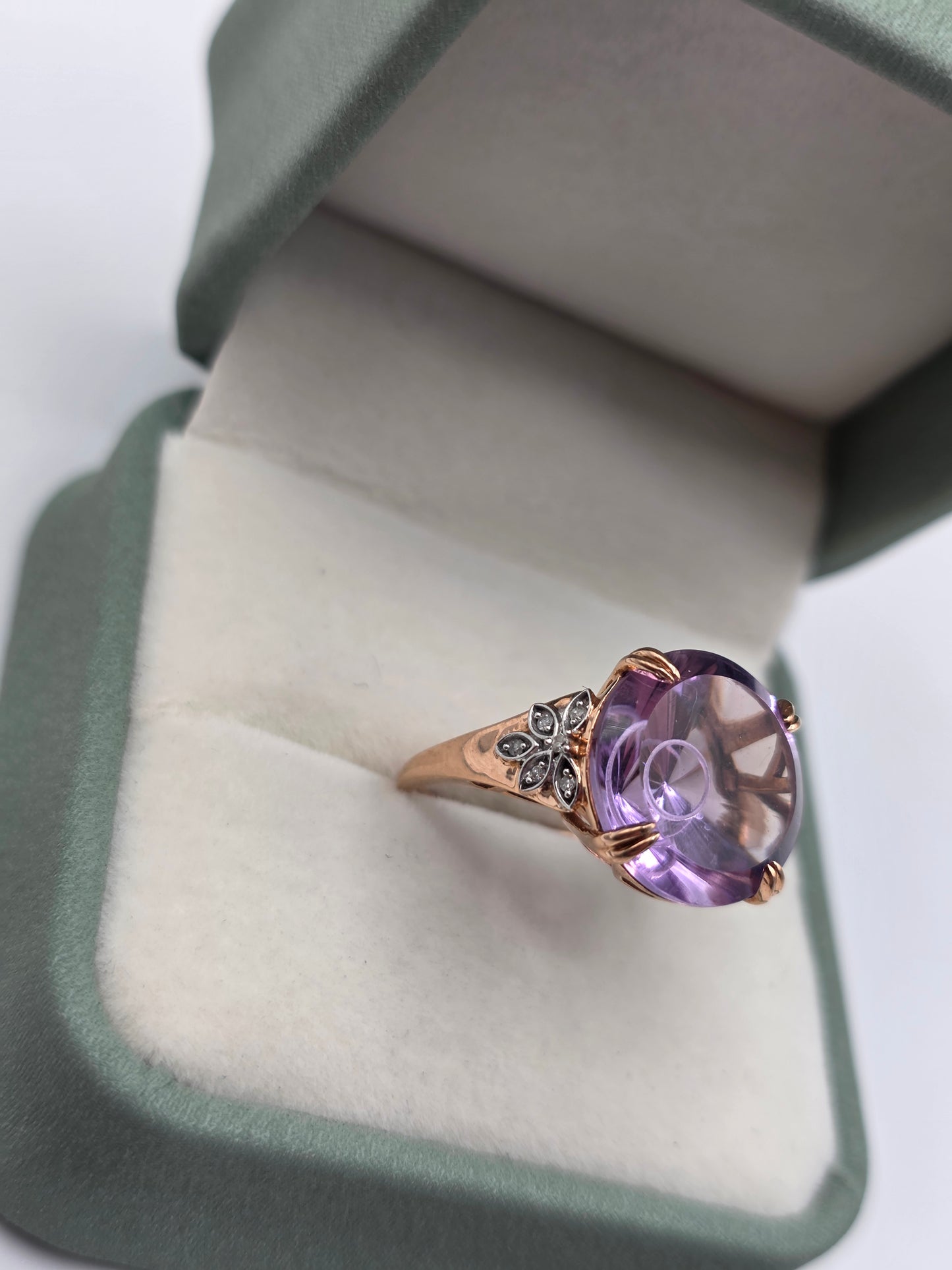 Heavy Glen Lehrer 9ct rose gold amethyst and diamond ring