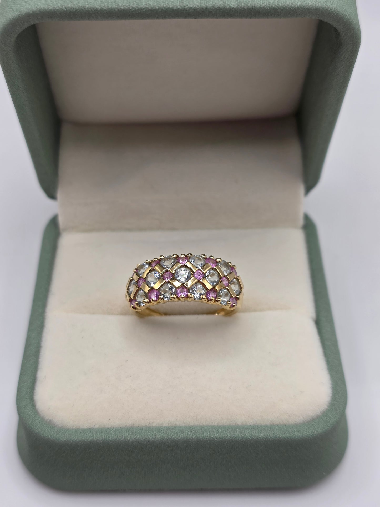 9ct gold aquamarine and pink topaz ring