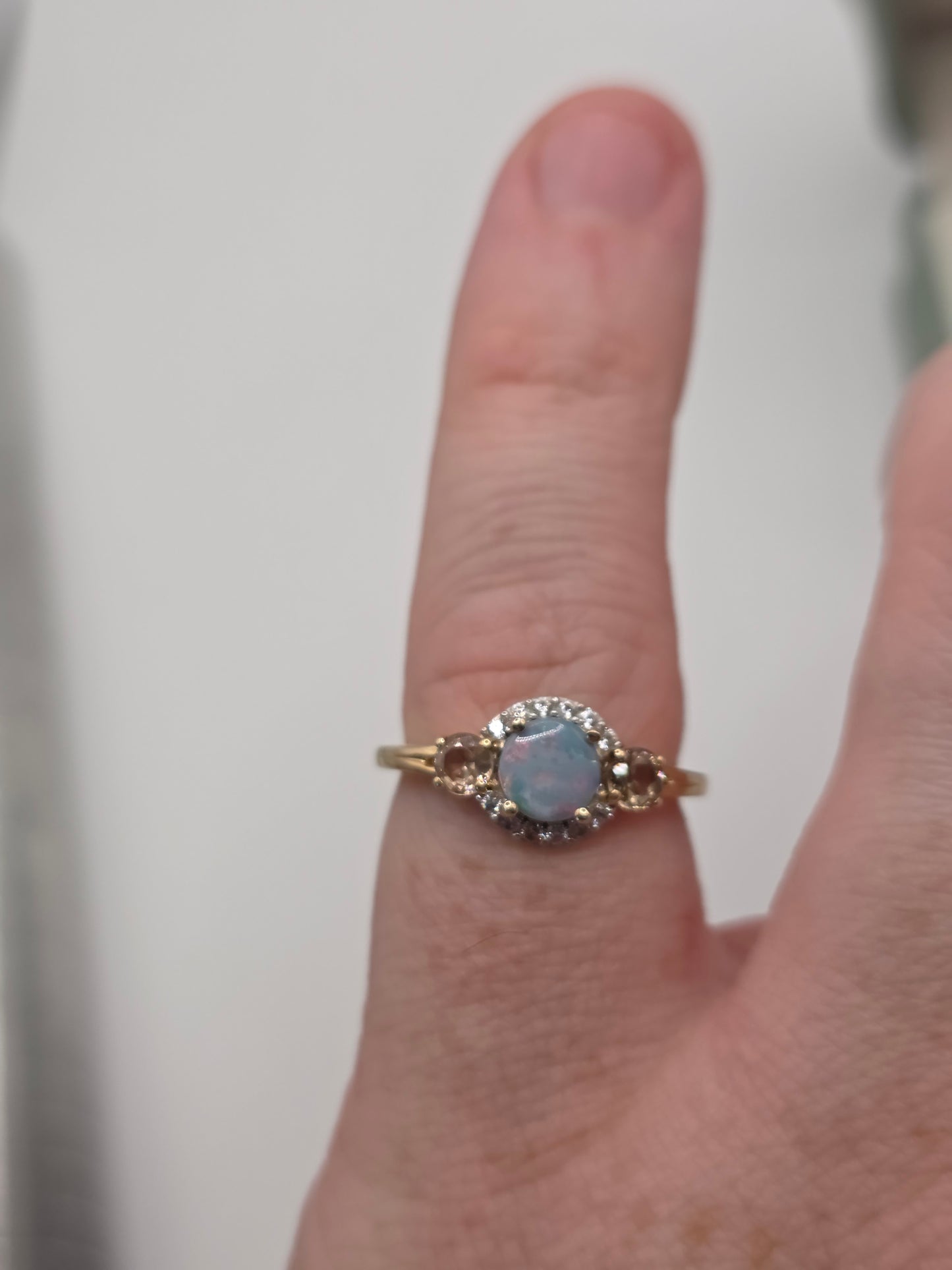 9ct gold opal, zircon and morganite ring