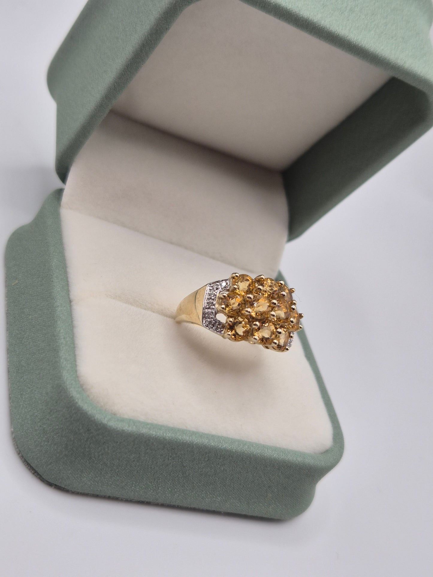Heavy 9ct gold citrine and diamond ring