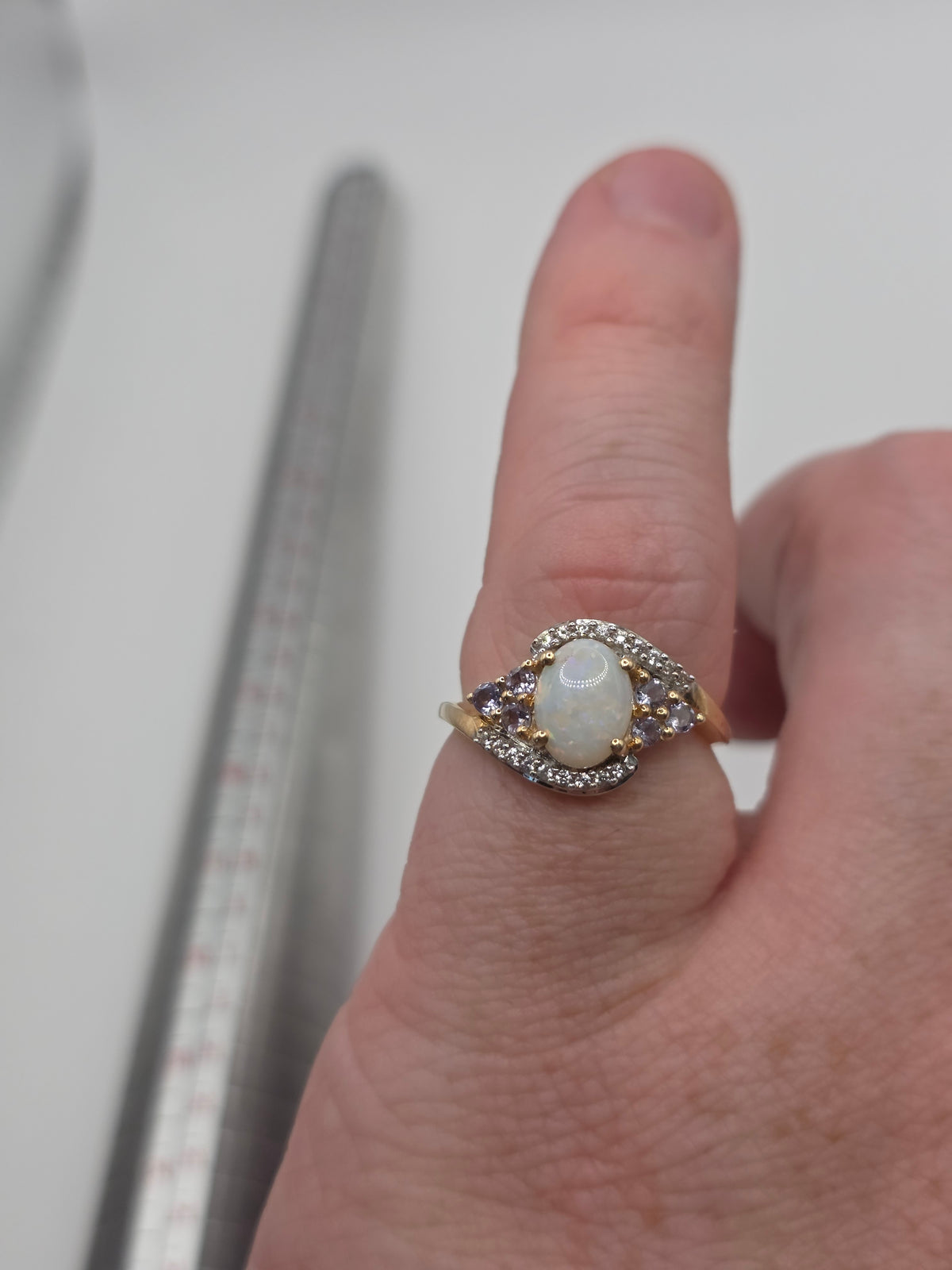 9ct gold opal, iolite and white zircon ring