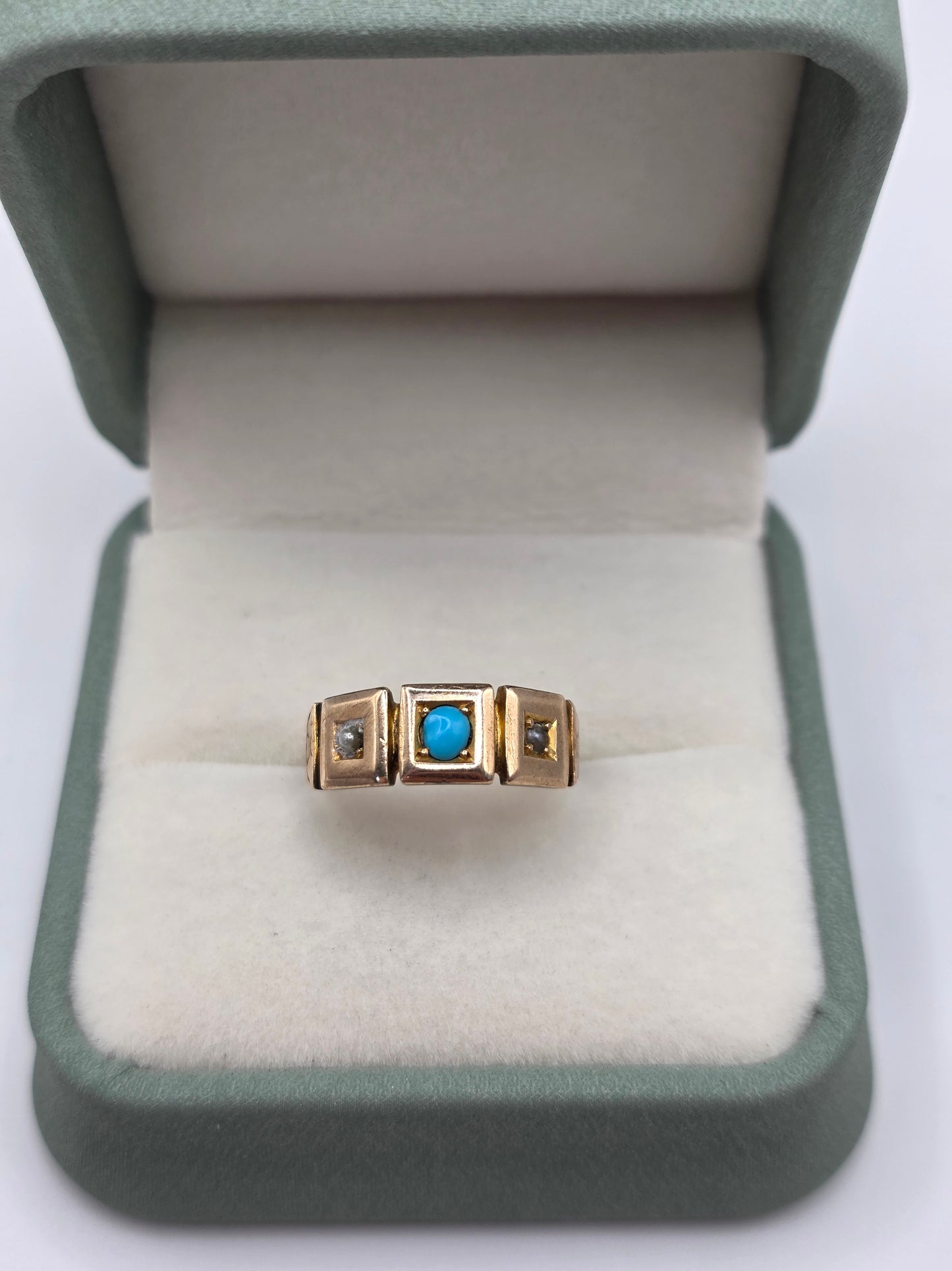 Antique 9ct gold turquoise and pearl gypsy ring