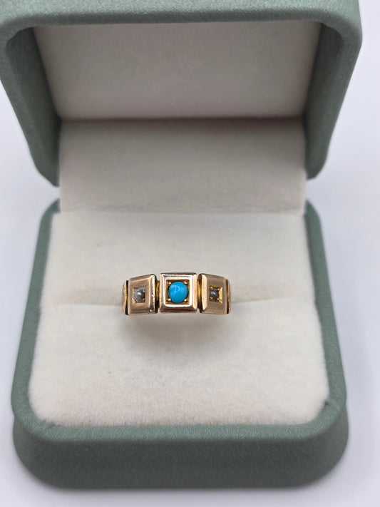 Antique 9ct gold turquoise and pearl gypsy ring