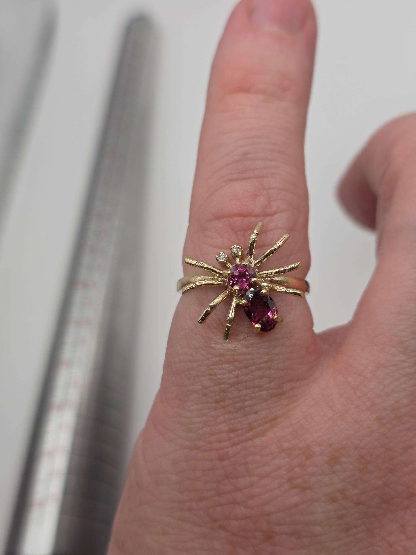 9ct gold tourmaline, pink topaz and diamond spider ring
