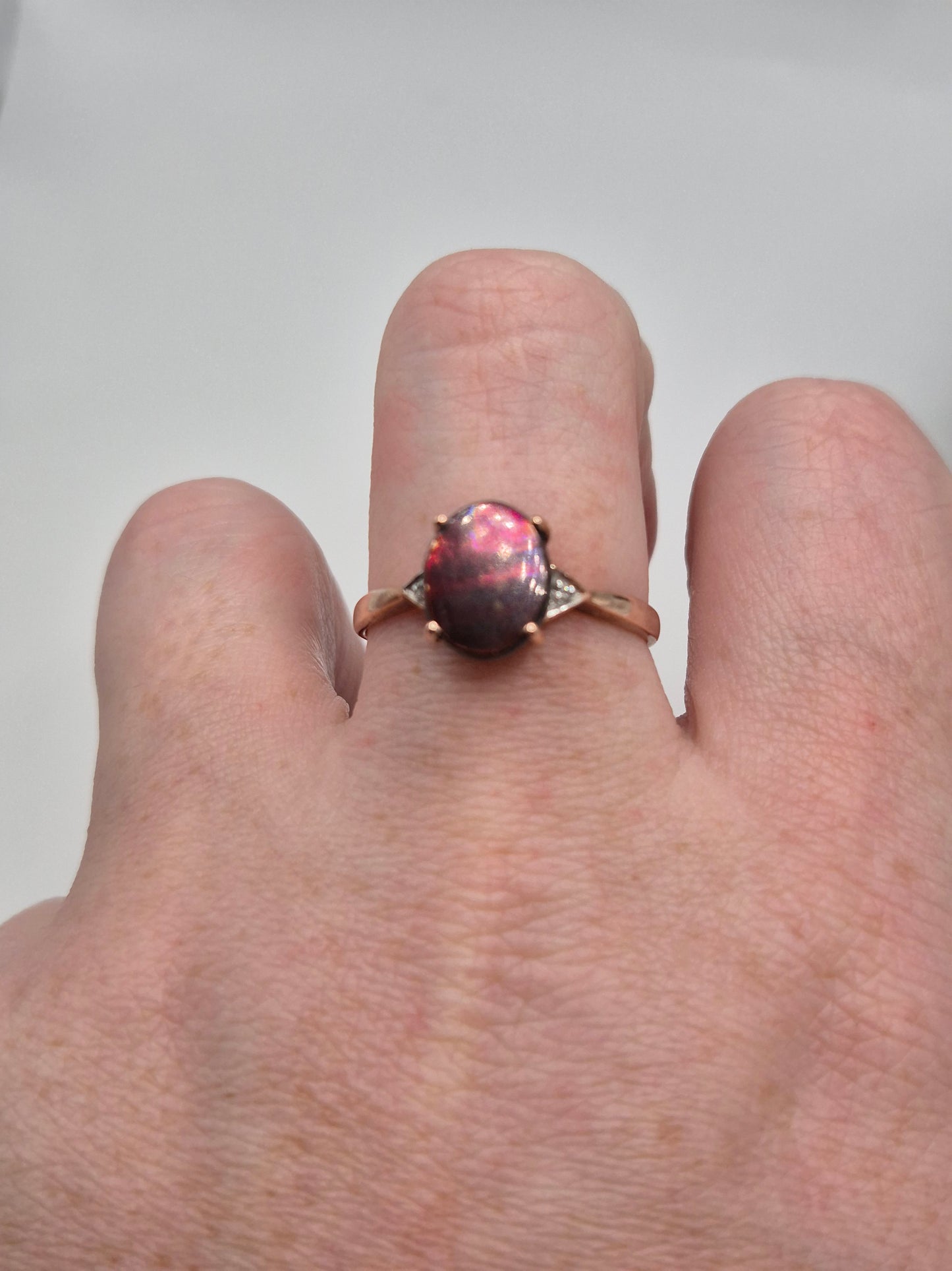 9ct rose gold ammolite and diamond ring