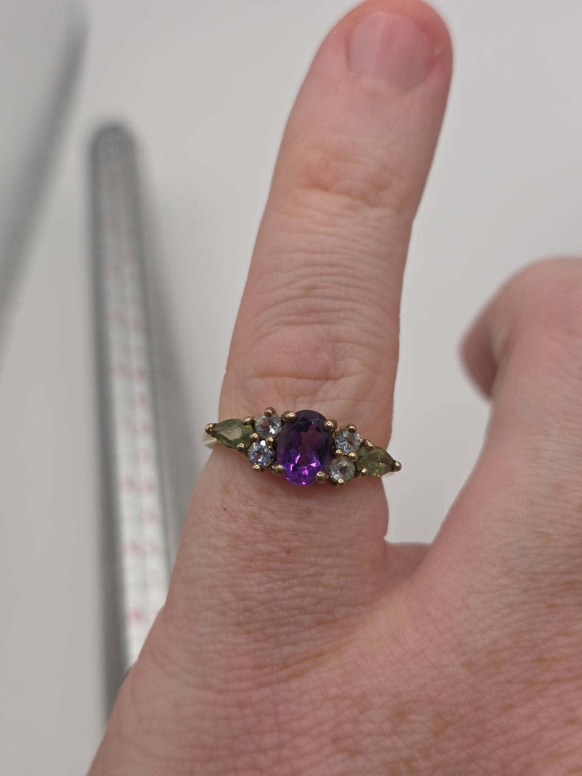 9ct gold amethyst, topaz and peridot ring