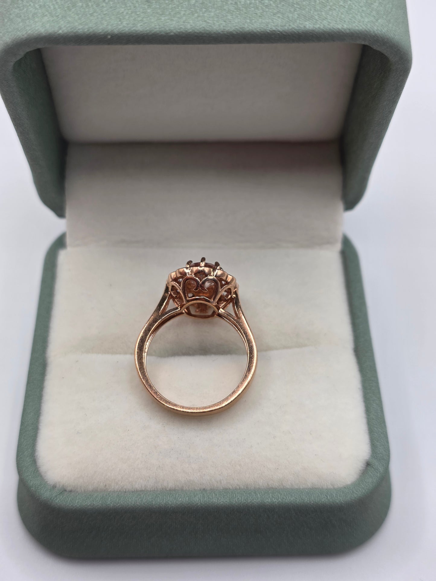 Heavy 9ct rose gold morganite and cz ring