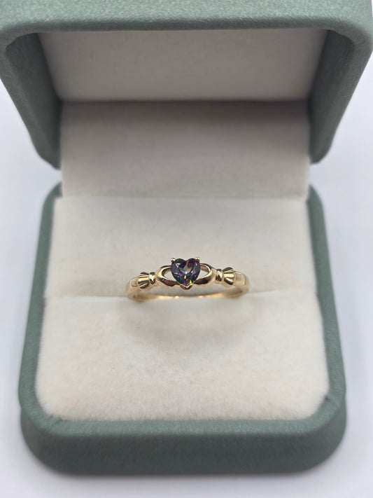 9ct gold mystic topaz claddagh ring