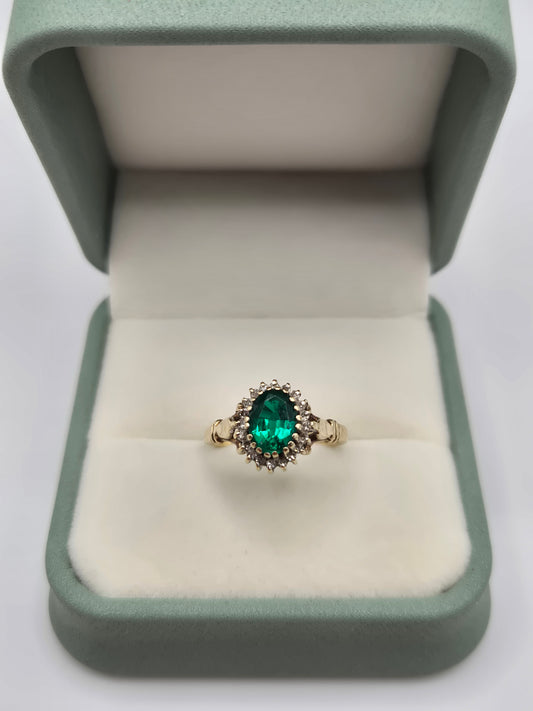 9ct gold synthetic emerald and diamond ring