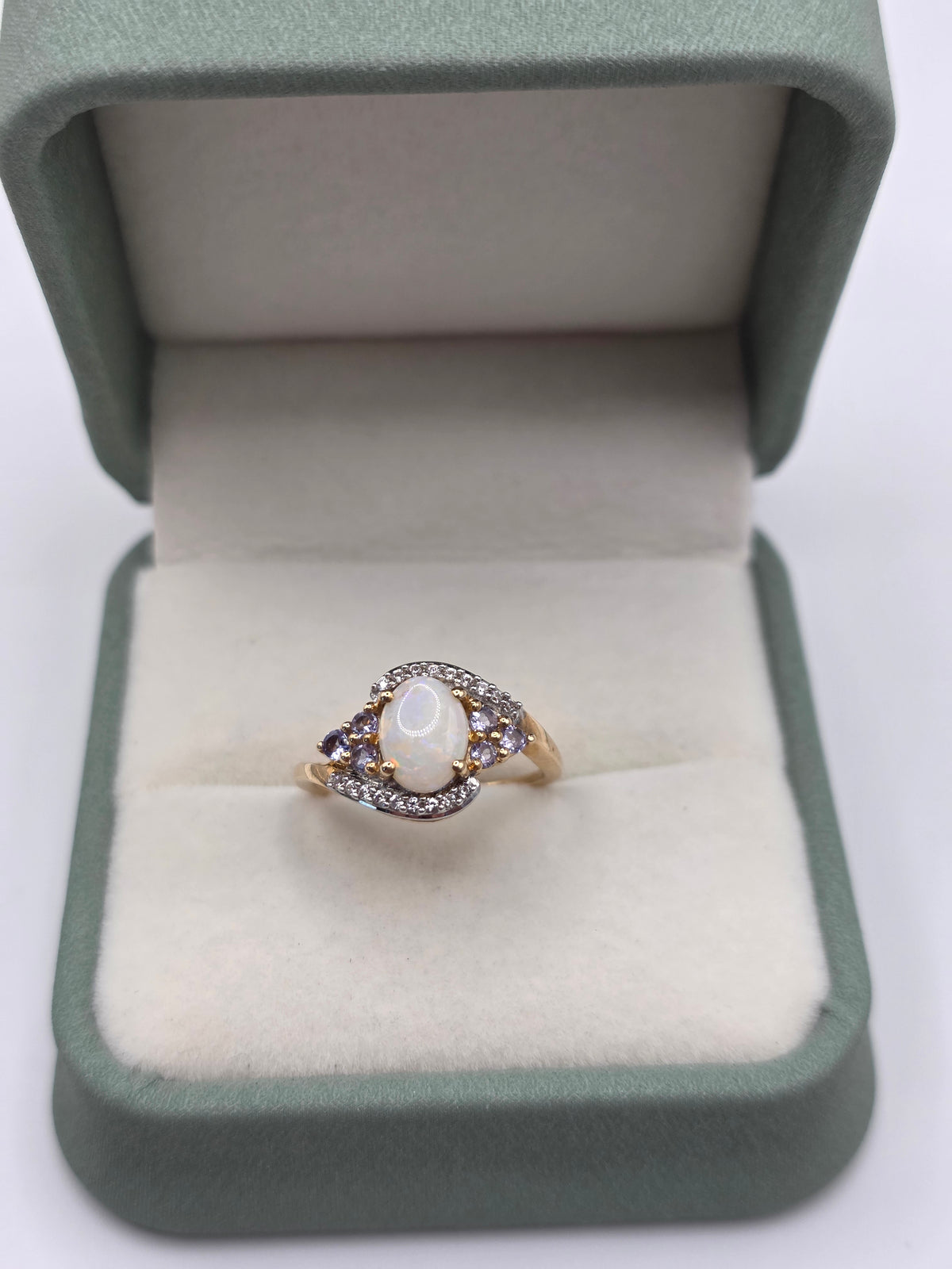 9ct gold opal, iolite and white zircon ring