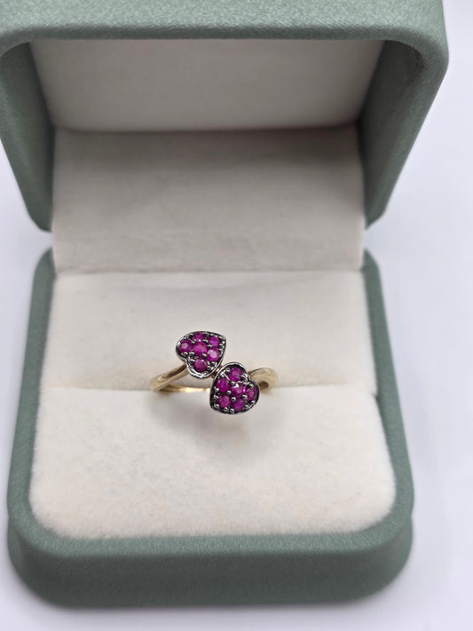9ct gold double ruby heart ring