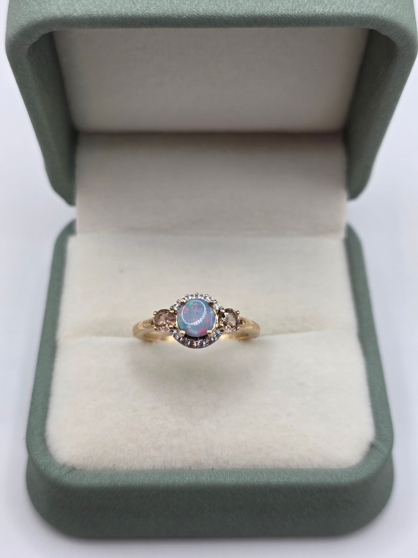 9ct gold opal, zircon and morganite ring